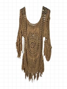 Plus size Hand-Crocheted Boho Fringe Tunic Sweater in Camel